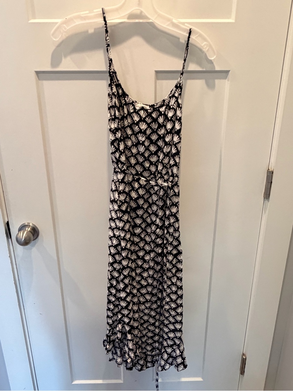 J.Crew Re-Imagined Midi Dress 2 Black White Fan Print Spaghetti Strap Tie Waist